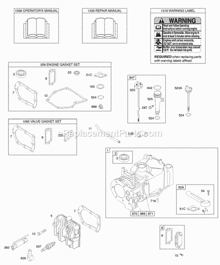 Cylinder Cylinder Head Gasket Set - Engine Gasket Set - Valve Lubrication OperatorS Manual Warning Label Diagram and Parts List for 09T802-0113-B1  Briggs and Stratton Engine